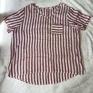 Artisan NY Top L Red White 100% Linen Striped Casual Popover Shirt Beach Coastal
